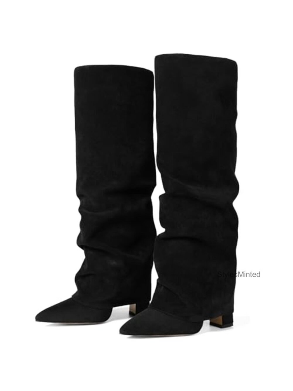 Knee High Fold Over Boots Wide Calf Chunky Heel